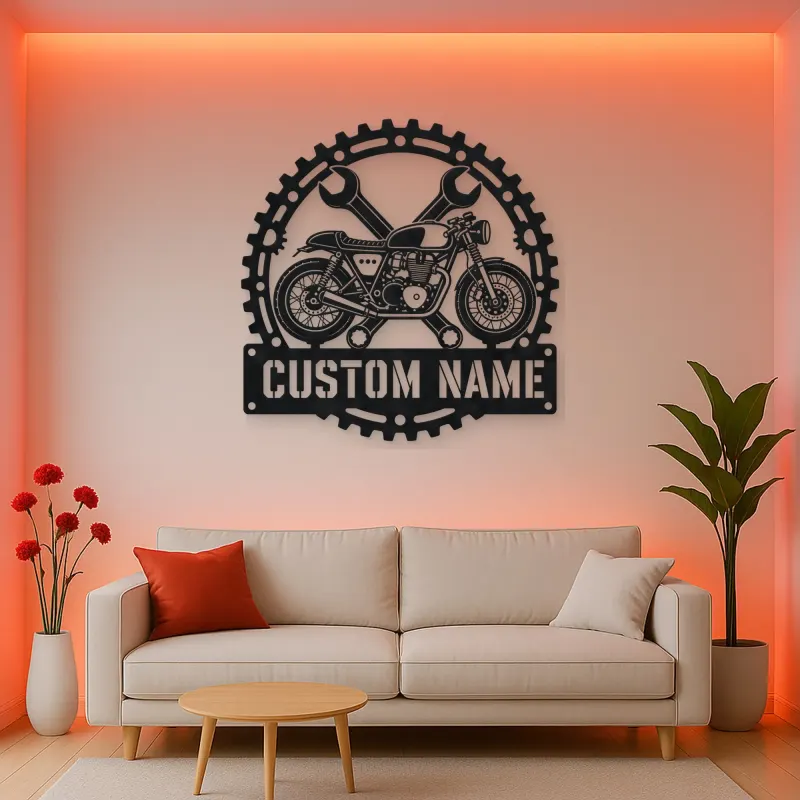 Personalized Cafe Racer Motorcycle Wrench Gear Metal Wall Art