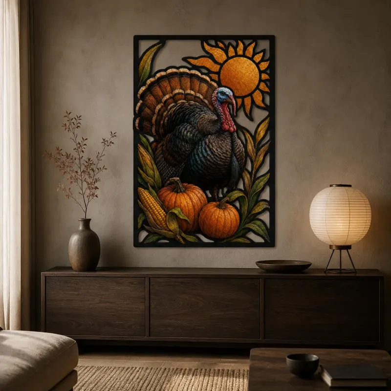 Thanksgiving Turkey with Pumpkins and Corn Colorful Metal Wall Art