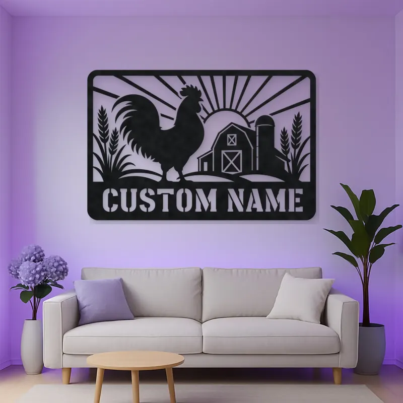 Personalized Rooster Farm Metal Wall Art with Barn Scene