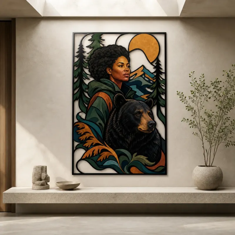 Black Woman with Bear in Mountain Forest Colorful Metal Wall Art