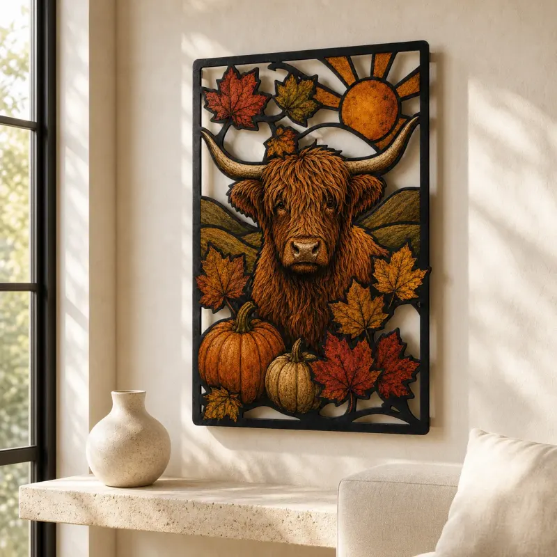Highland Cow with Pumpkins and Autumn Leaves Colorful Metal Wall Art