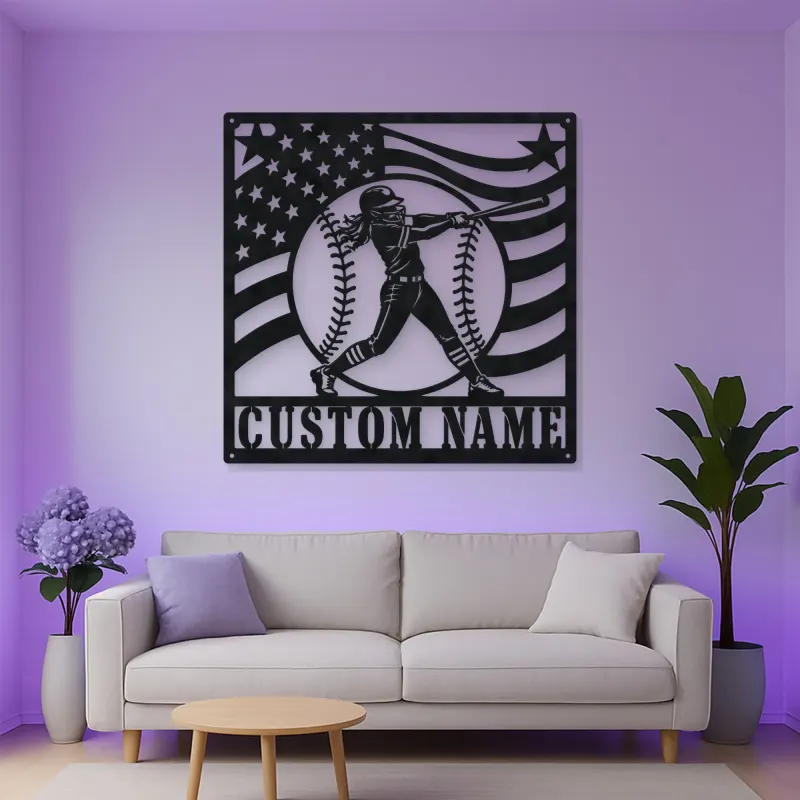 Personalized Female Softball Batter Waving Flag Metal Wall Art