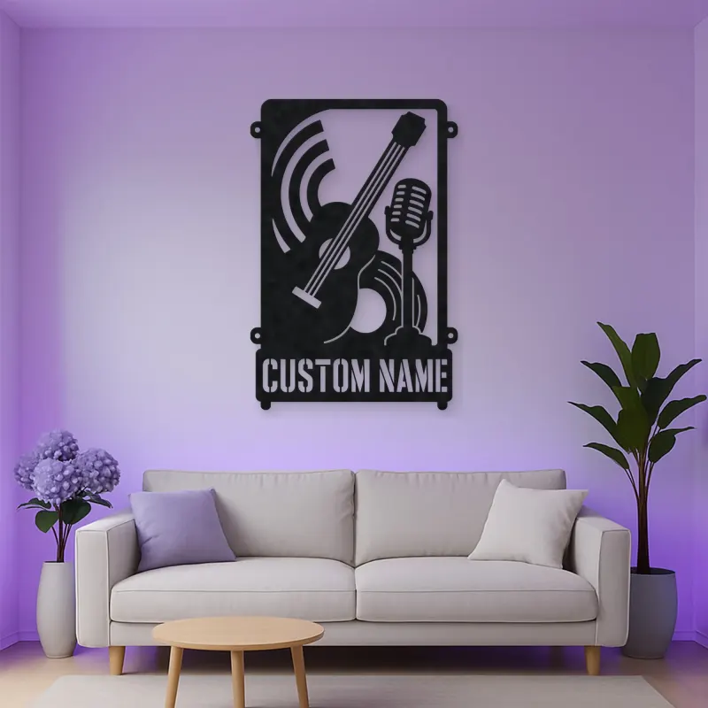 Personalized Double Bass Music Metal Wall Art with Vintage Microphone