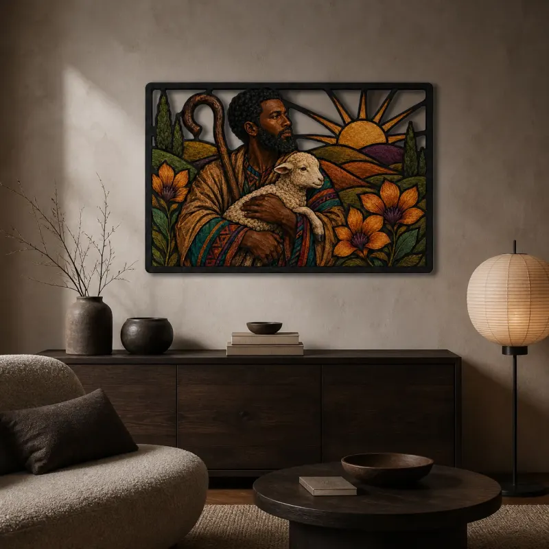 Good Shepherd Carrying Lamb at Sunrise Colorful Metal Wall Art