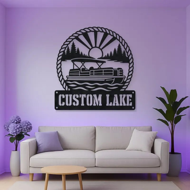 Personalized Pontoon Boat Metal Wall Art with Mountain Lake