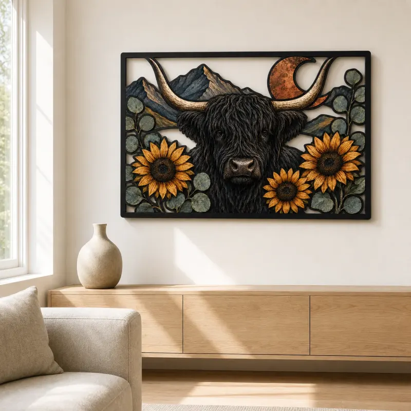 Black Highland Cow with Sunflowers and Copper Moon Colorful Metal Wall Art