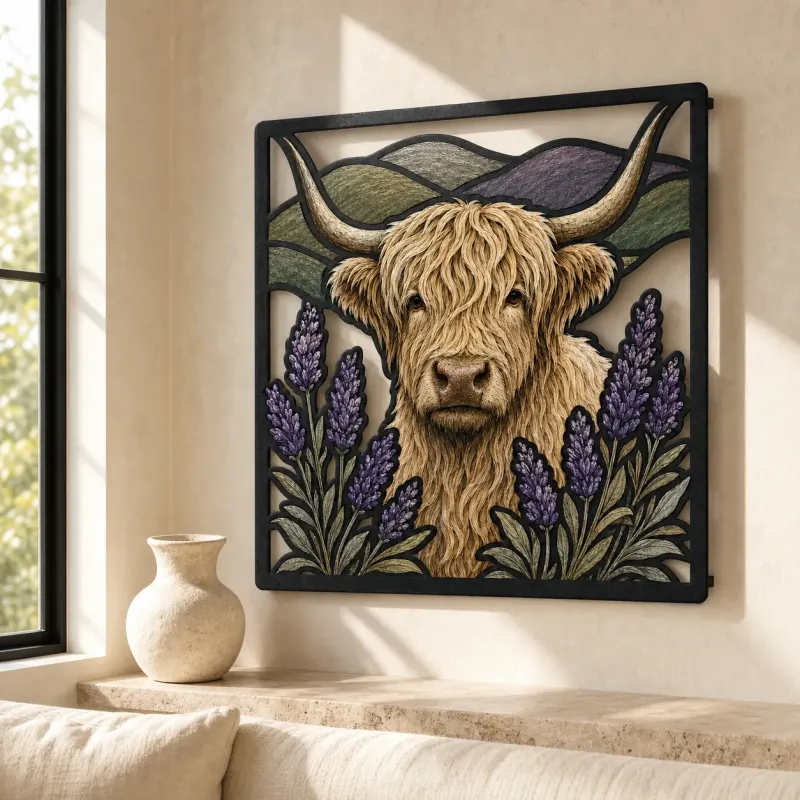 White Highland Cow with Lavender and Mountains Colorful Metal Wall Art