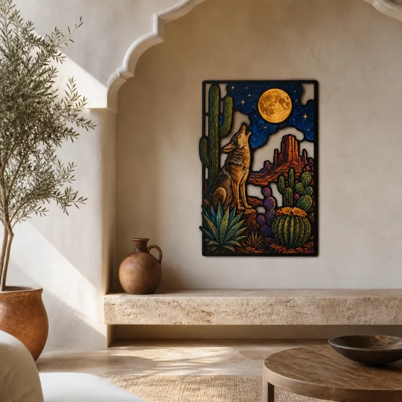 Coyote Howling beneath Full Moon in Desert Colorful Metal Wall Art