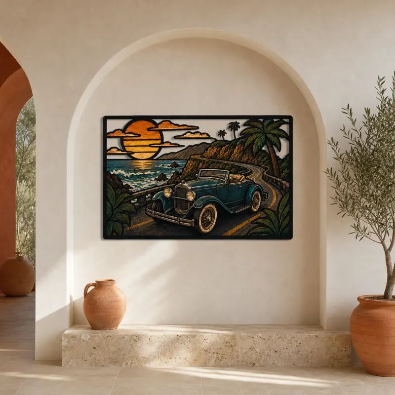 Vintage Roadster on Tropical Coastal Road Colorful Metal Wall Art