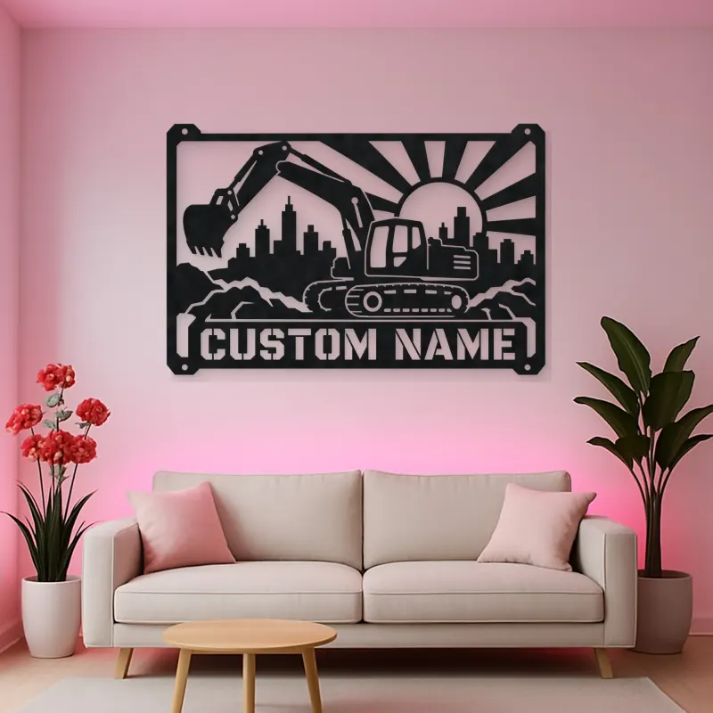 Personalized Excavator Metal Wall Art with Construction Skyline