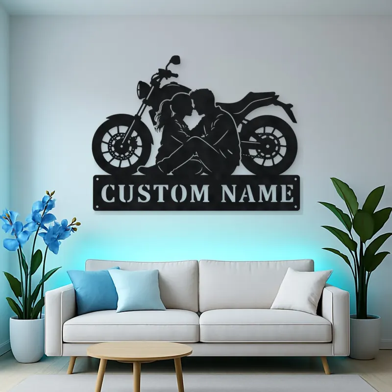 Personalized Seated Couple and Motorcycle Metal Wall Art