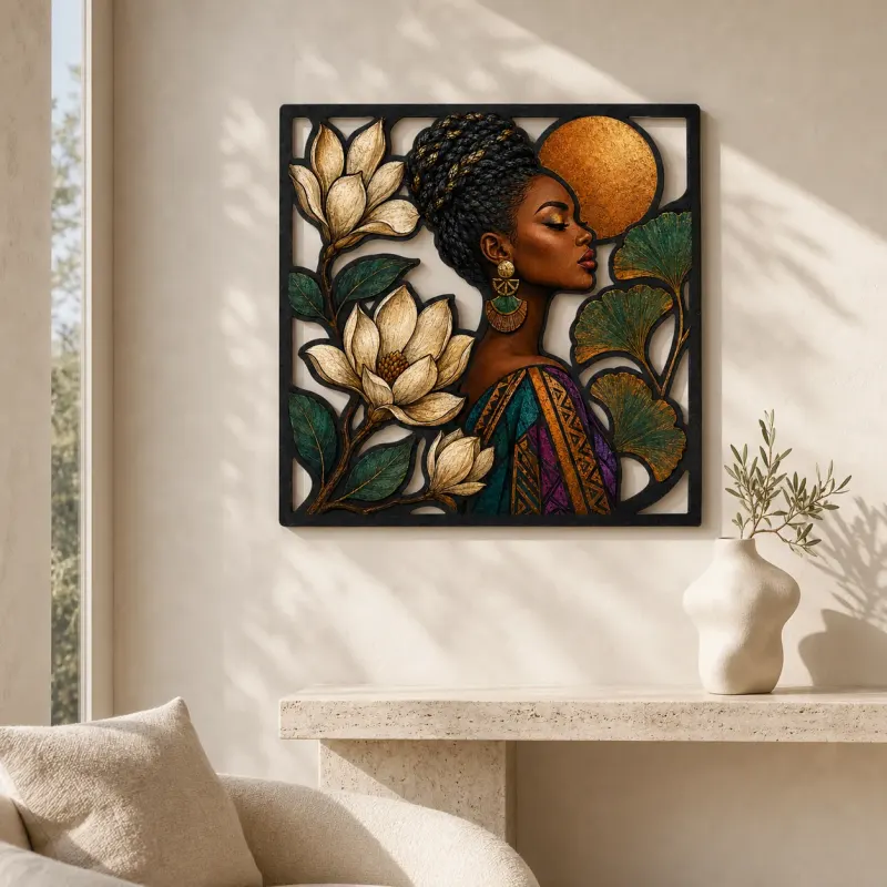 Afro Woman with Magnolia Flowers and Copper Moon Colorful Metal Wall Art