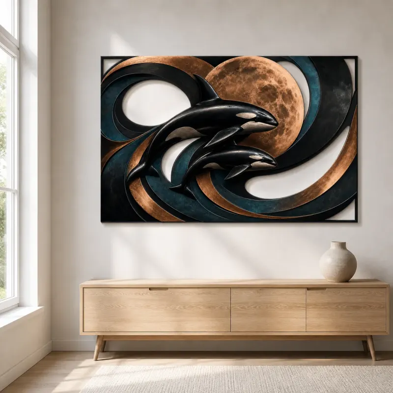 Orca Mother and Calf with Abstract Copper Moon Colorful Metal Wall Art