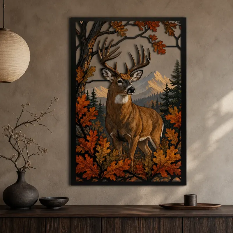 Whitetail Deer in Autumn Mountain Forest Colorful Metal Wall Art