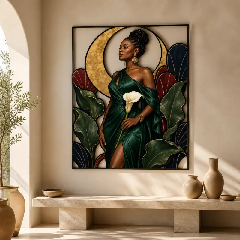 Elegant Black Woman in Green Dress with Calla Lilies Colorful Metal Wall Art