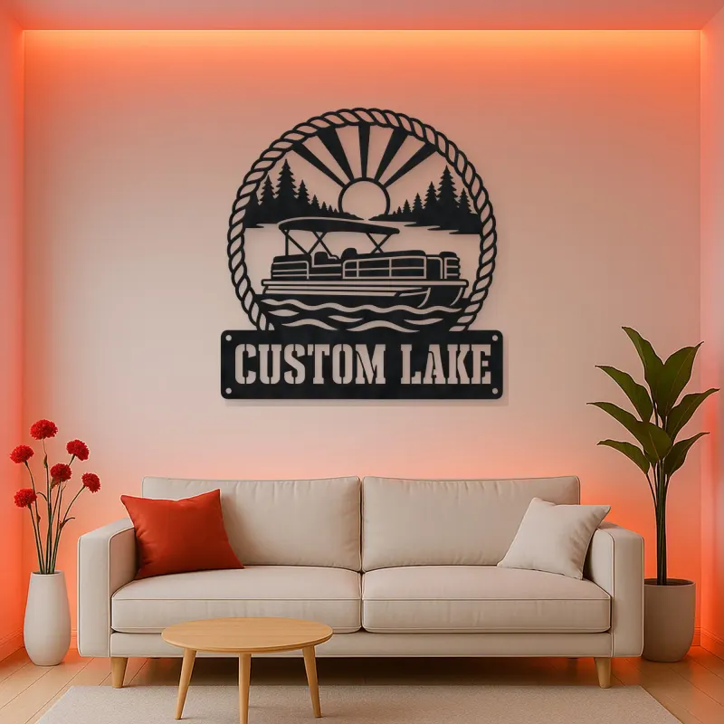 Personalized Pontoon Boat Metal Wall Art with Mountain Lake