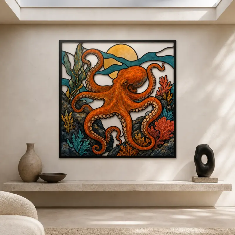 Orange Octopus with Coral beneath Copper Moon Colorful Metal Wall Art