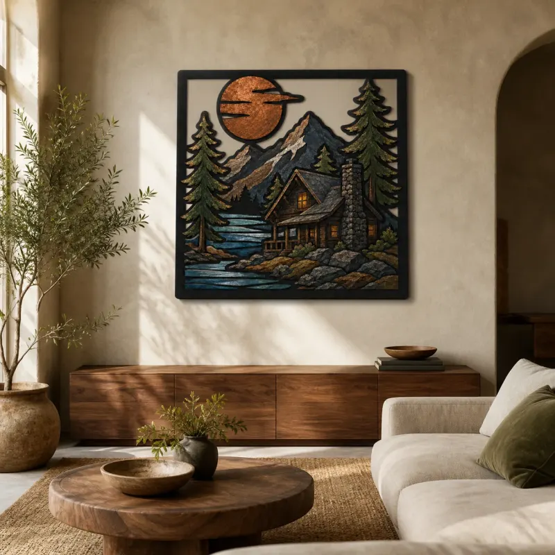 Bergsee-Hütte unter Vollmond Farbige Metall-Wandkunst