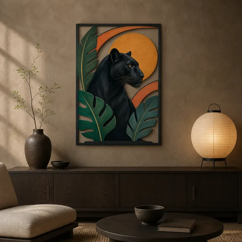 Black Panther with Tropical Leaves and Golden Sun Colorful Metal Wall Art