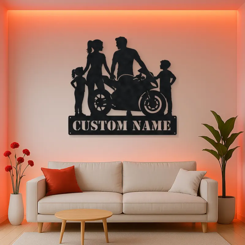 Personalized Sport Motorcycle Family of Four Metal Wall Art