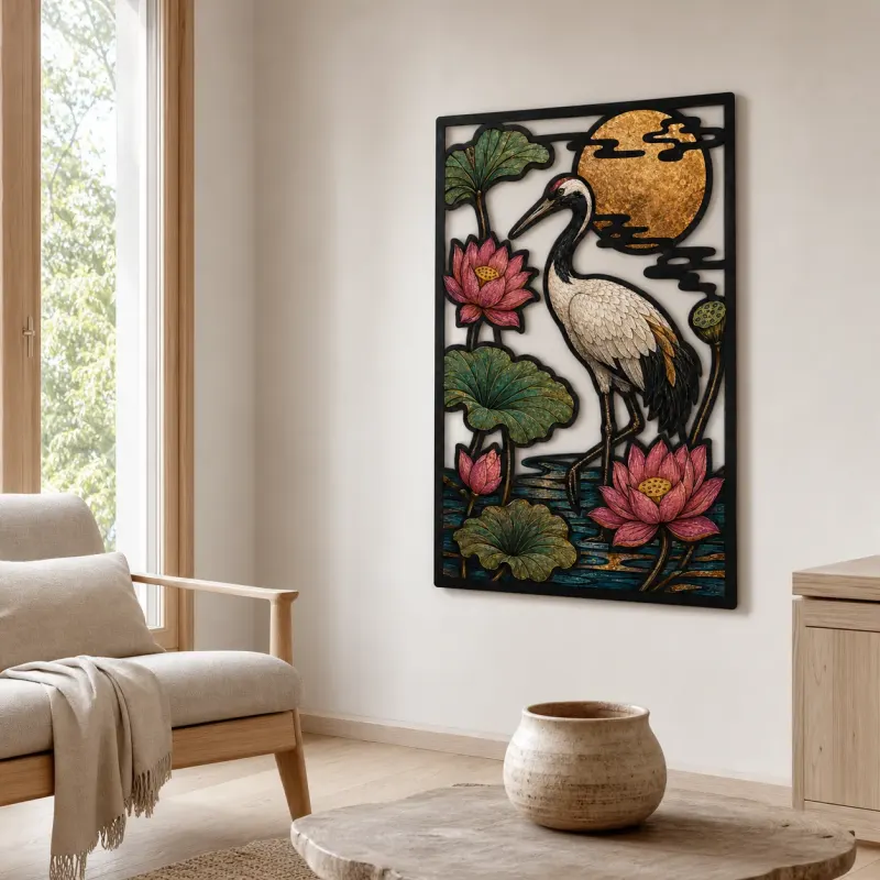 Crane in Lotus Pond beneath Copper Moon Colorful Metal Wall Art