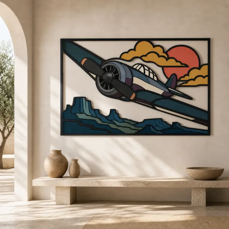 Vintage Airplane Flying over Southwest Desert Colorful Metal Wall Art