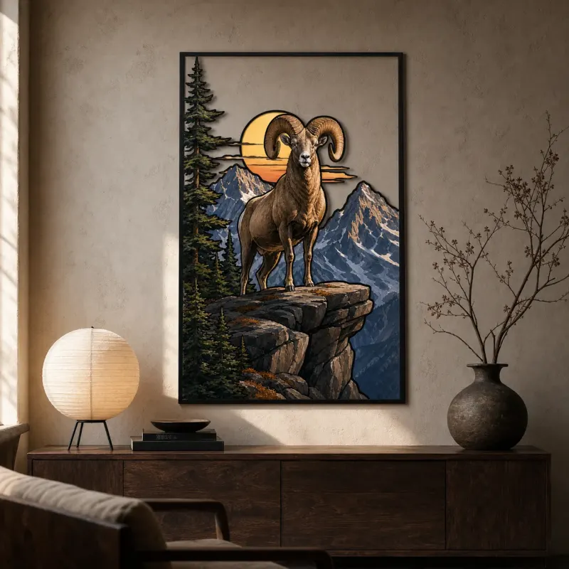 Bighorn Ram on Mountain Cliff at Sunset Colorful Metal Wall Art