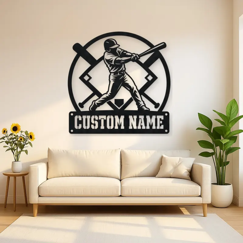 Personalized Baseball Batter Metal Wall Art with Crossed Bats