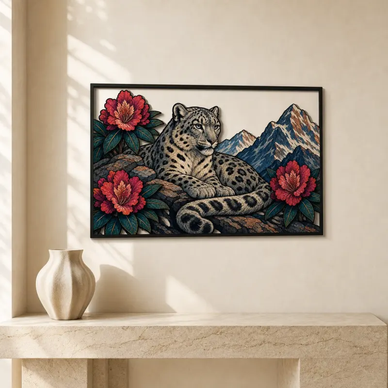 Snow Leopard with Peonies in Mountain Landscape Colorful Metal Wall Art