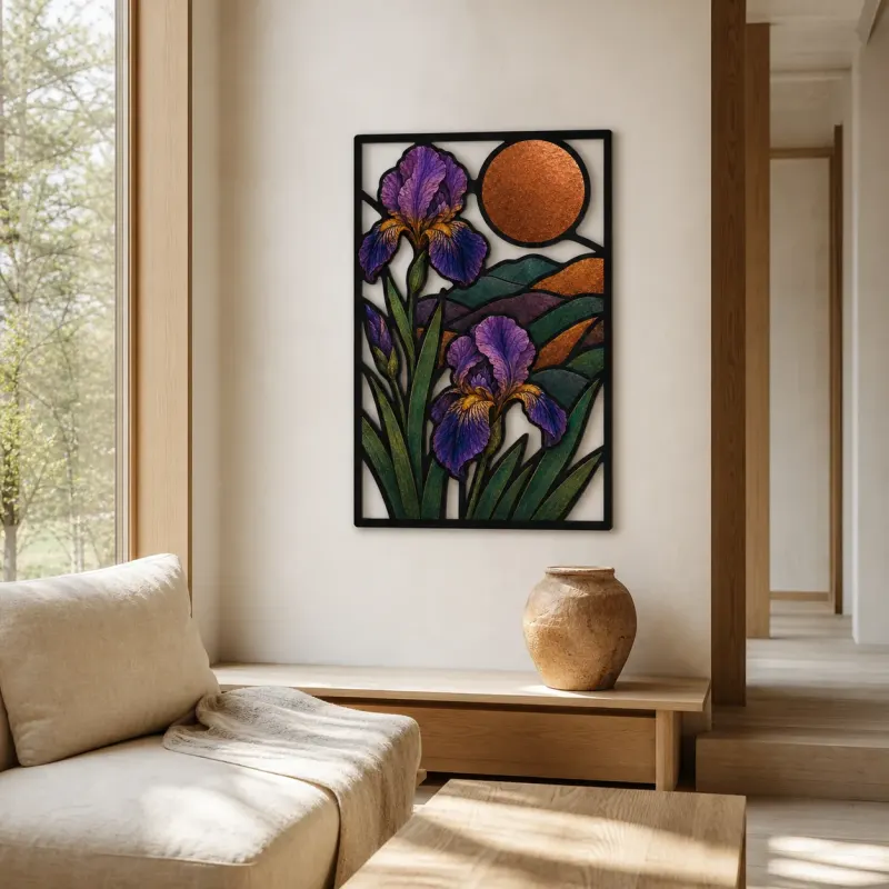 Purple Iris Flowers in Mountain Landscape Colorful Metal Wall Art
