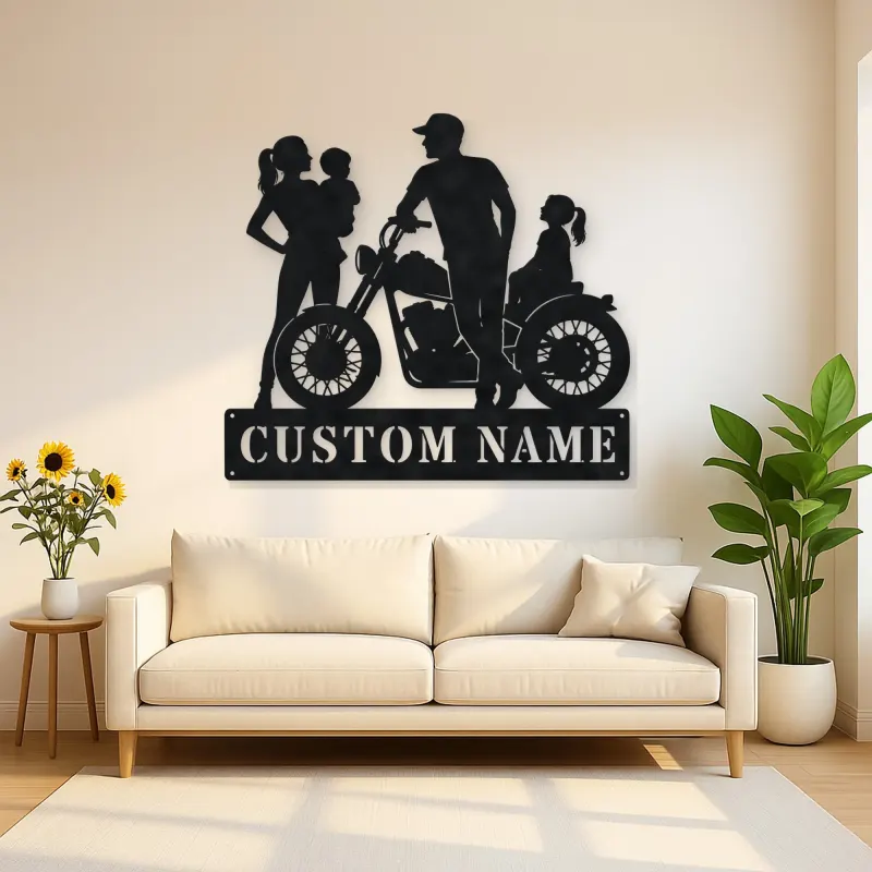 Personalized Motorcycle Family with Seated Daughter Metal Wall Art