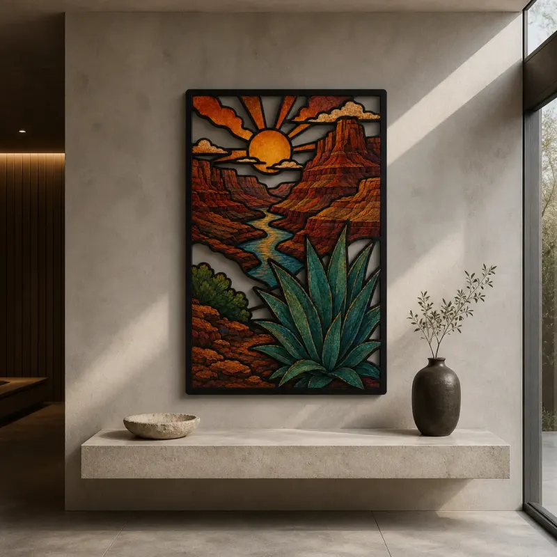 Southwest Canyon River with Agave at Sunrise Colorful Metal Wall Art