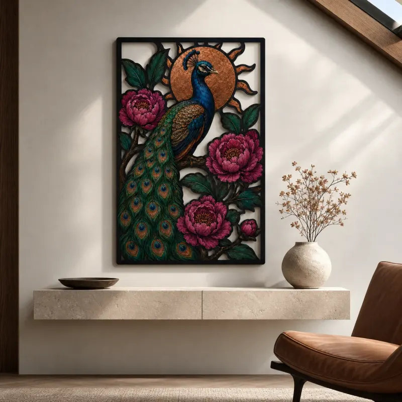 Peacock with Pink Peonies and Copper Sun Colorful Metal Wall Art