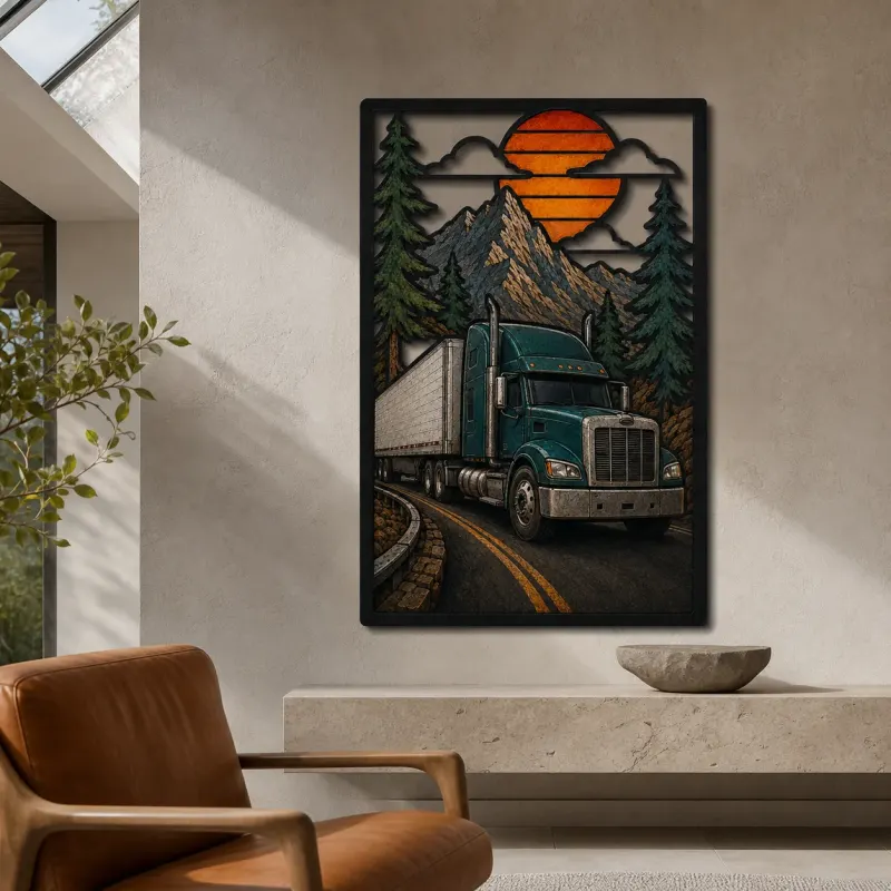 Green Semi Truck on Mountain Highway Colorful Metal Wall Art