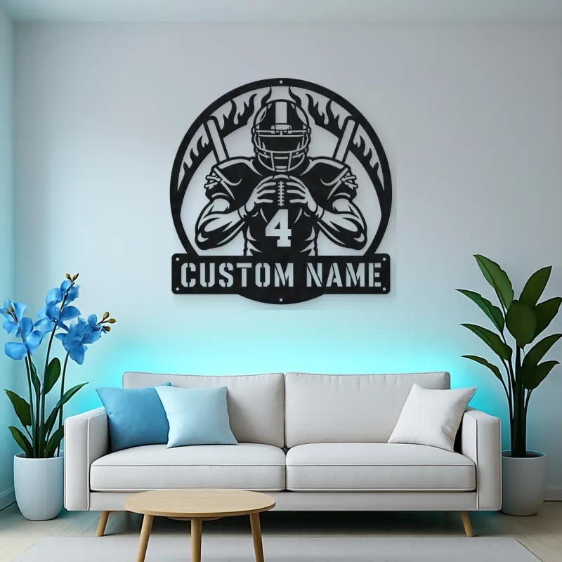 Personalized Number 4 Football Player Flame Metal Wall Art