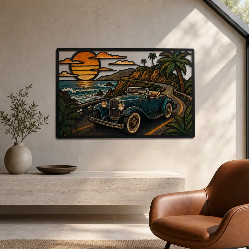 Vintage Roadster on Tropical Coastal Road Colorful Metal Wall Art