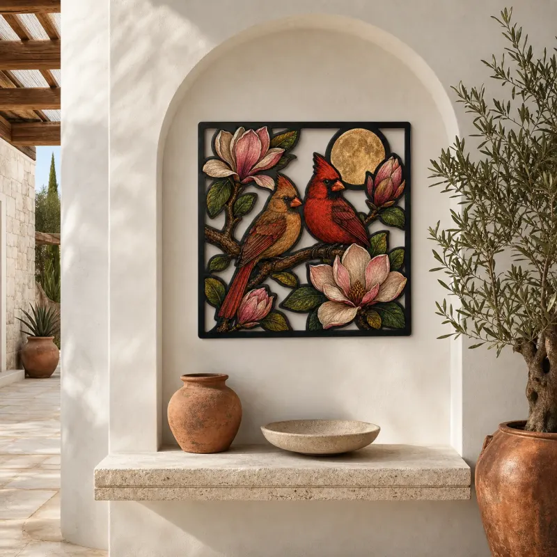 Cardinal Pair among Magnolia Blossoms and Full Moon Colorful Metal Wall Art