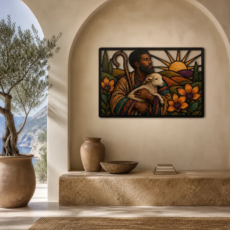 Good Shepherd Carrying Lamb at Sunrise Colorful Metal Wall Art