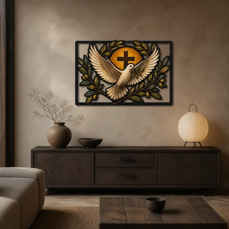 White Dove with Cross and Olive Branches Colorful Metal Wall Art