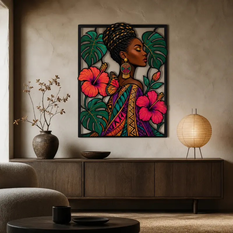 Afro Woman with Tropical Hibiscus and Butterflies Colorful Metal Wall Art