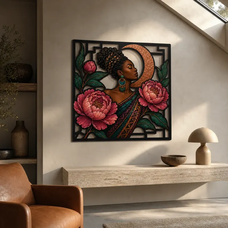 Afro Woman with Pink Peonies and Copper Moon Colorful Metal Wall Art