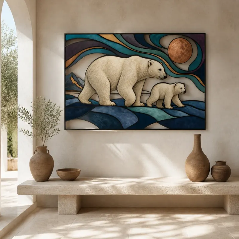 Polar Bear Mother and Cub beneath Copper Moon Colorful Metal Wall Art