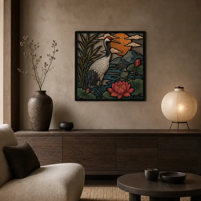 Japanese Crane in Lotus Pond at Sunset Colorful Metal Wall Art