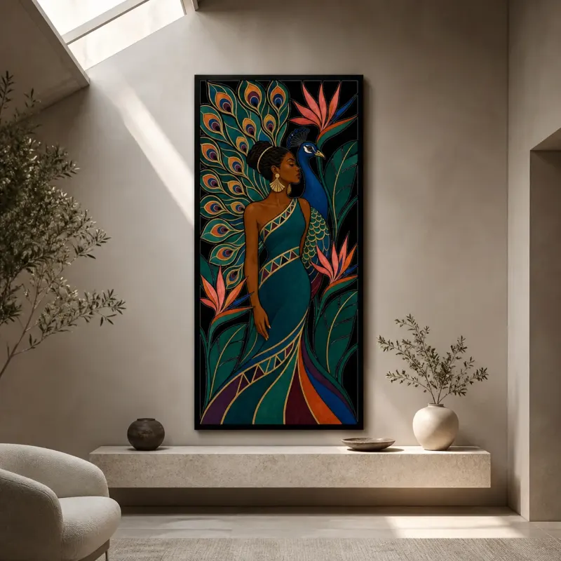 Afro Woman with Peacock Feathers and Tropical Flowers Colorful Metal Wall Art
