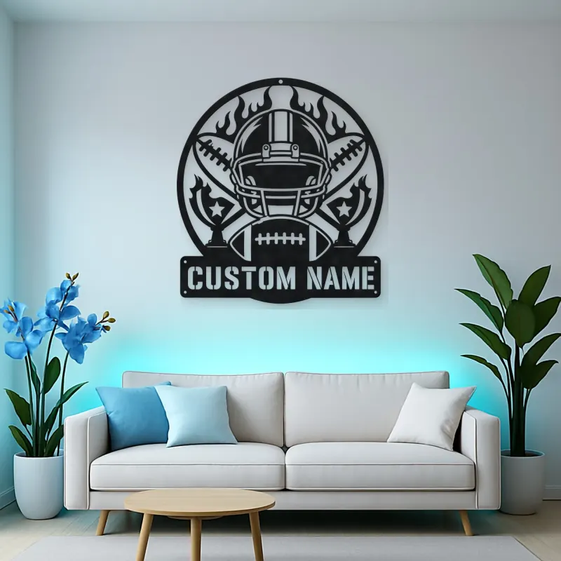Personalized Football Helmet Trophy Flame Metal Wall Art