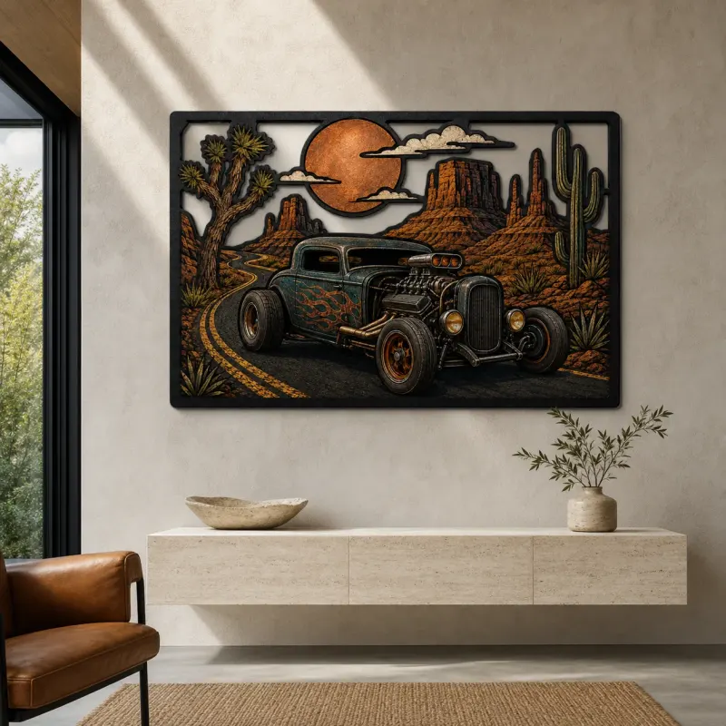 Vintage Hot Rod on Desert Canyon Road Colorful Metal Wall Art
