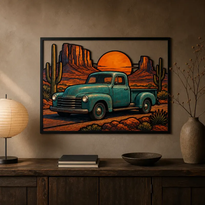 Vintage Pickup Truck on Desert Road at Sunset Colorful Metal Wall Art