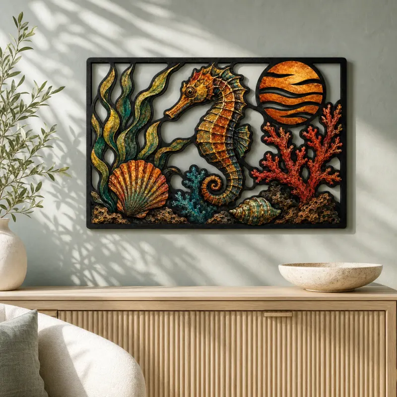 Seahorse with Shells Coral and Ocean Sunset Colorful Metal Wall Art