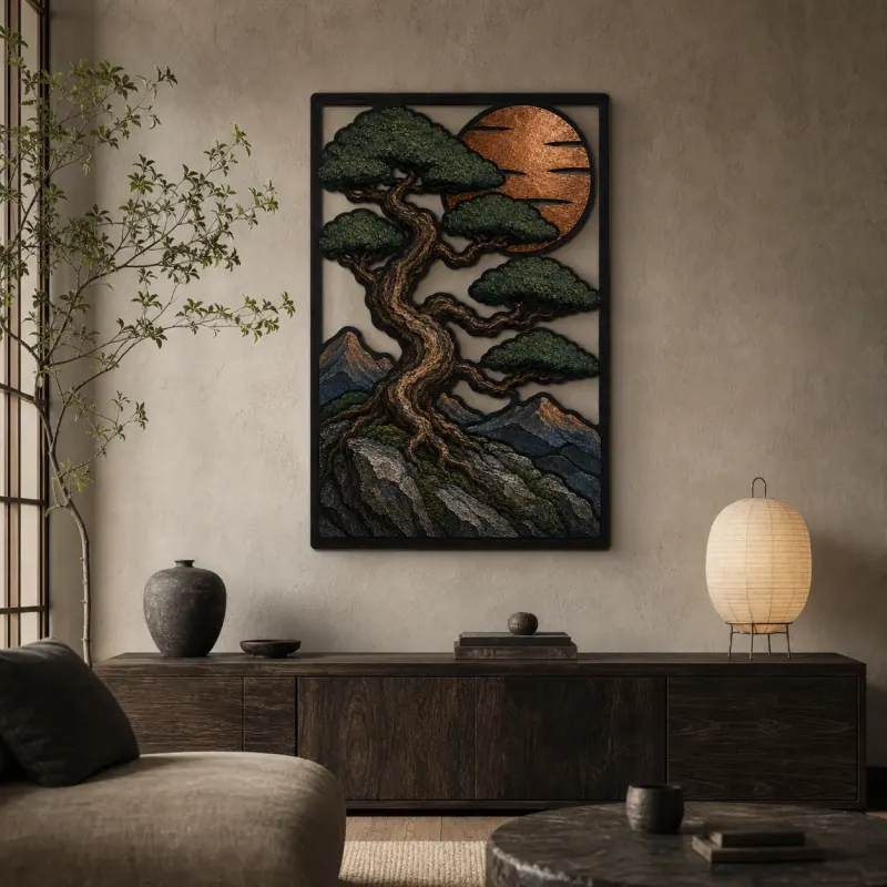 Bonsai Pine on Mountain Cliff at Sunset Colorful Metal Wall Art