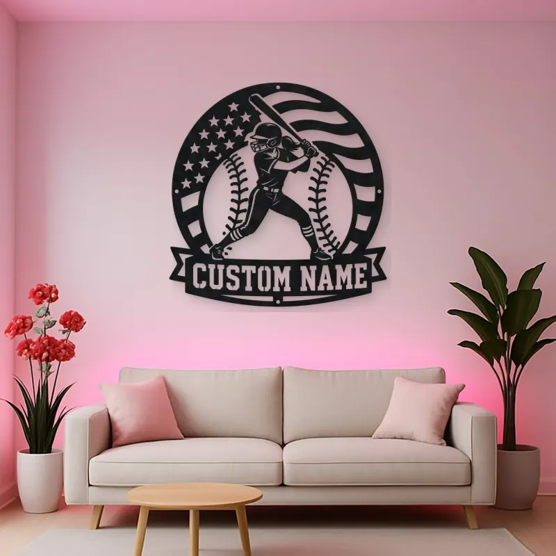 Personalized Female Softball Batter Round Flag Metal Wall Art